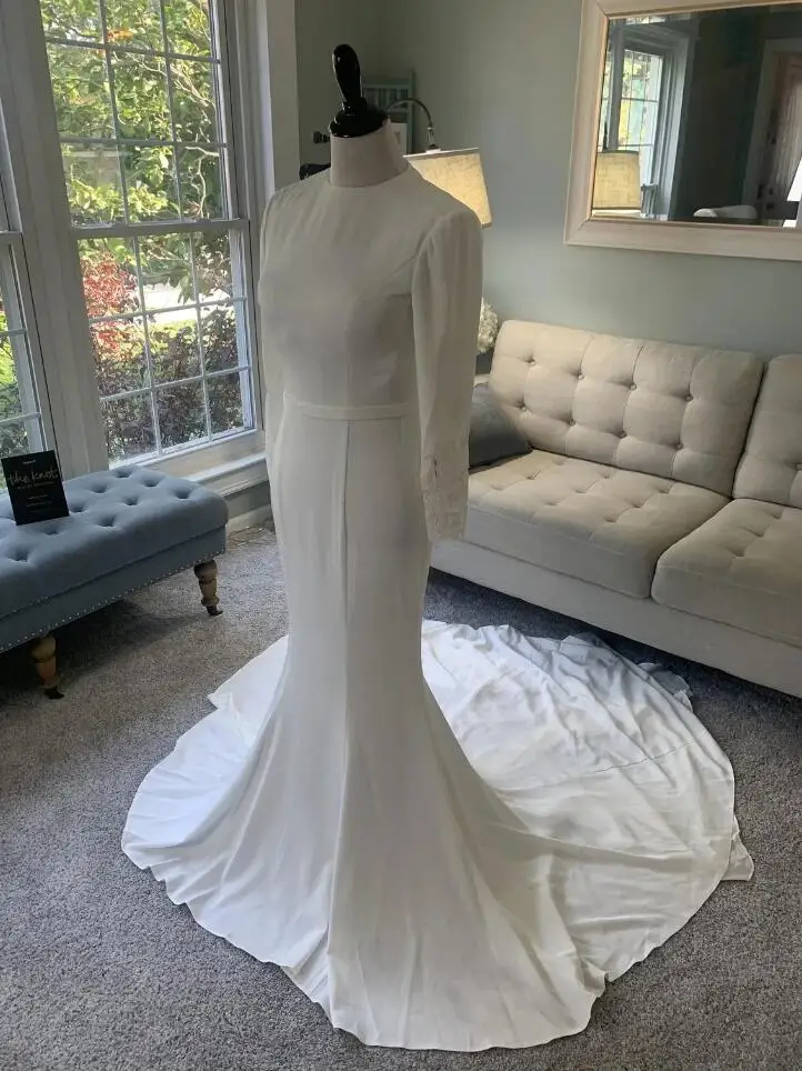 Vestidos de novia modestos de manga larga, cuello alto musulmán, botones, cinturón elástico, crepé Simple, 2023