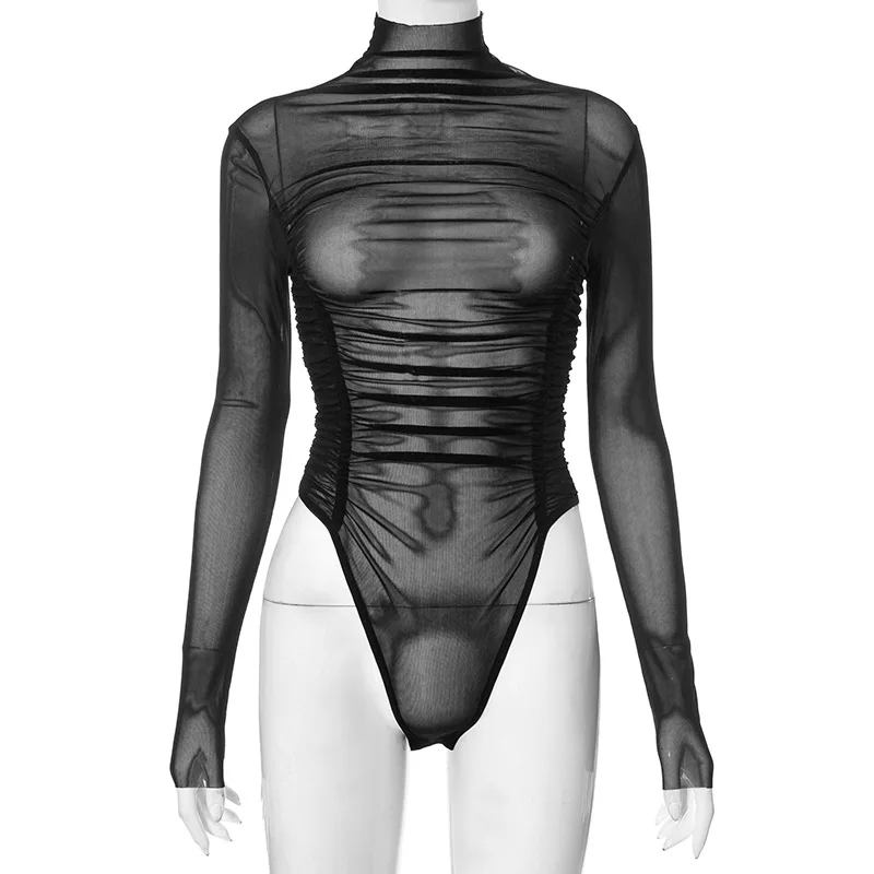 Autumn 2023 Long Sleeve Mesh Slim Bodysuit for Women See Through Black Brown Grey Bodysuits