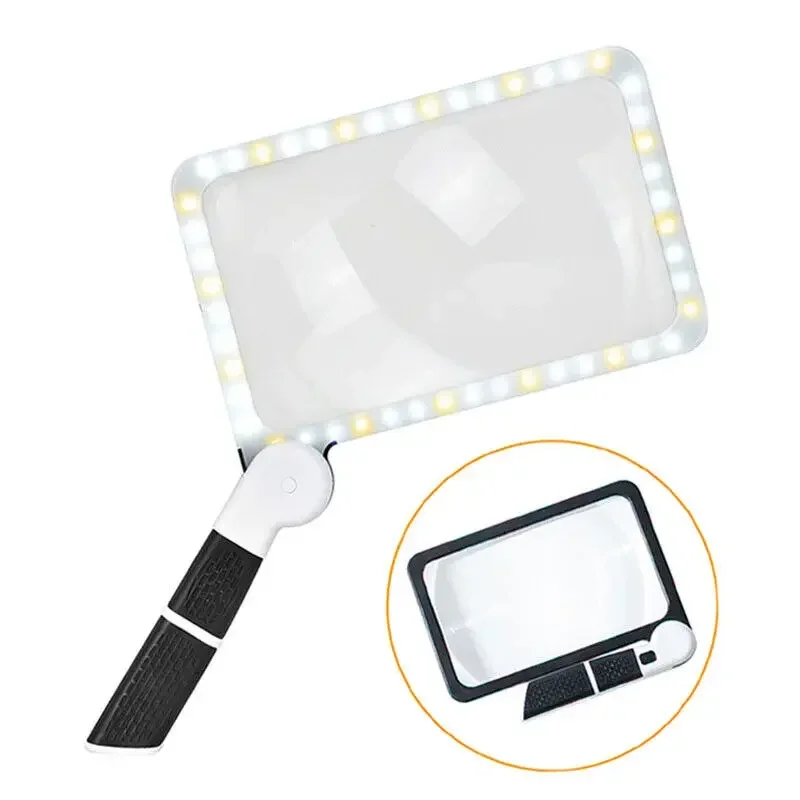 

5X Handheld Folding Square Reading Magnifier 48LED 3 Color Light Magnifying Glass with LED Lights Helping Hands Loupe