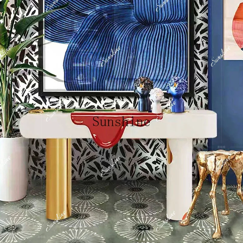 

Light luxury design sense solid wood end view table modern creative stainless steel entrance table FT