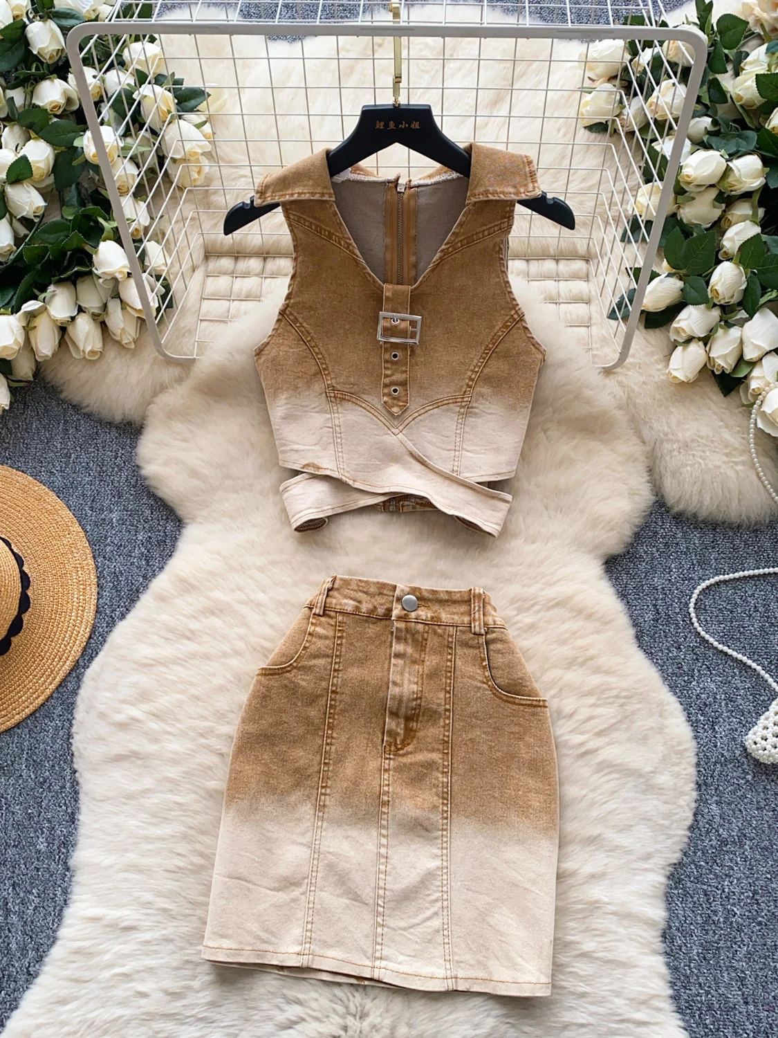 Faionable Denim Ne Set Gonna ort a vita alta con impunture in vita per donne piccole Collezione estiva Chiusura con cerniera