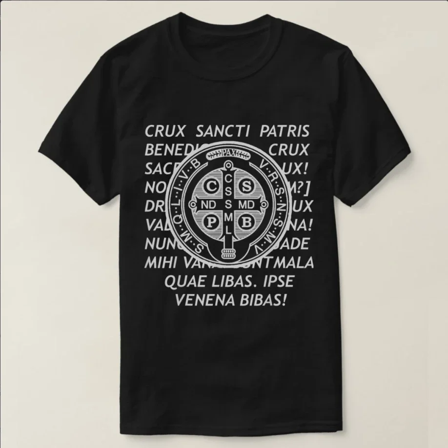 

Saint Benedict Medal Christian Catholic Latin Pray T-Shirt 100% Cotton O-Neck Short Sleeve Summer Casual Mens T-shirt Streetwear