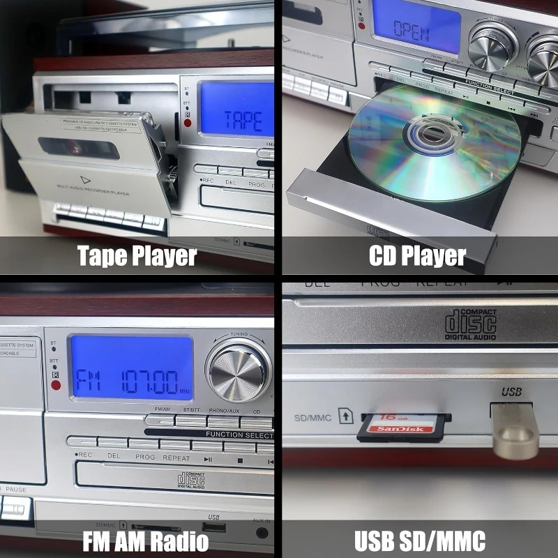 Vinyl Record Player with 15W External Speakers 10 in 1 3 Speed Bluetooth Vintage Turntable CD Cassette Player