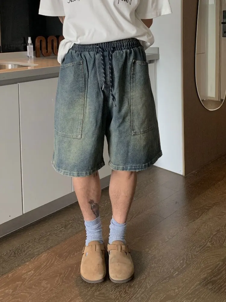 

Retro Japanese Sle Loose Straight Leg Jeans orts Men's Wide Leg Five-ket Workwear Summer Casual Loose Fit Jeans orts