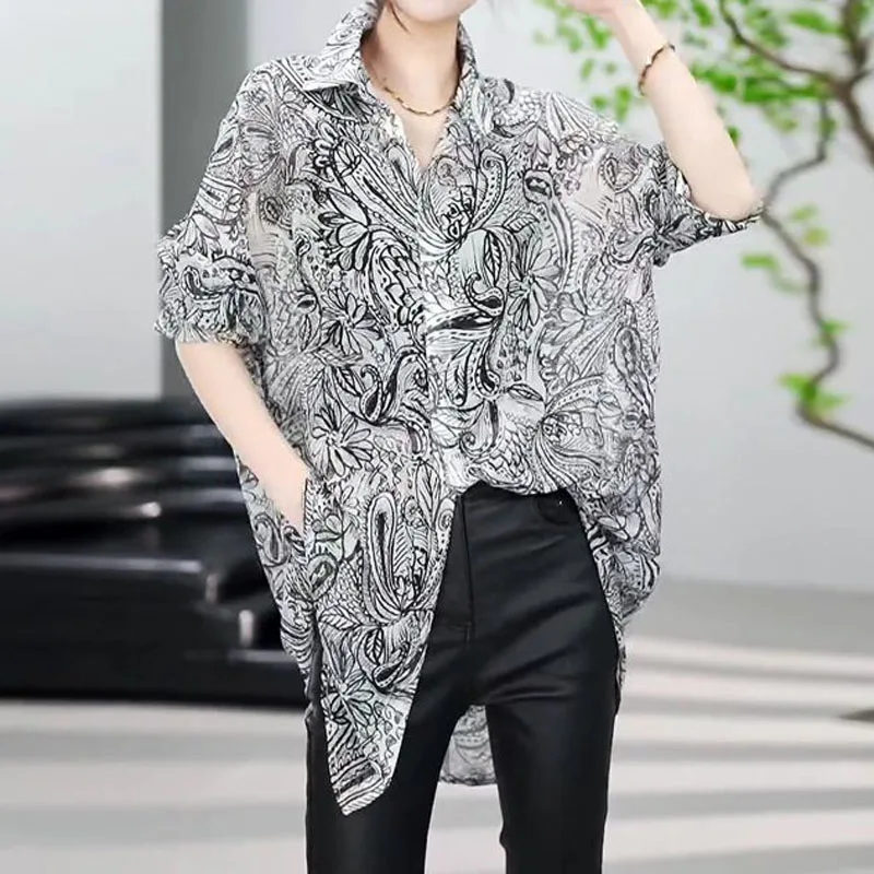 Korean Summer Clothes All-match Women's Printed Long Sleeve Shirt Casual Fashionable Loose Button Midi Blouse Shirts and Blouses
