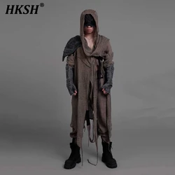 HKSH Men's Tide Punk  Waste Land Style Design Niche Linen Distressed Washed Cape Hooded Shirt Trendy Dark Garde-avant Top HK1566