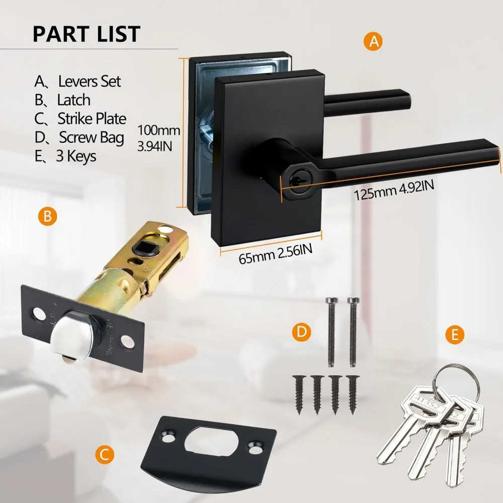 قفل رافعة دخول بمفتاح للأبواب الخارجية والأمامية، لمسة نهائية سوداء، تصميم آمن للوحة الطويلة، خيار أمان معزز