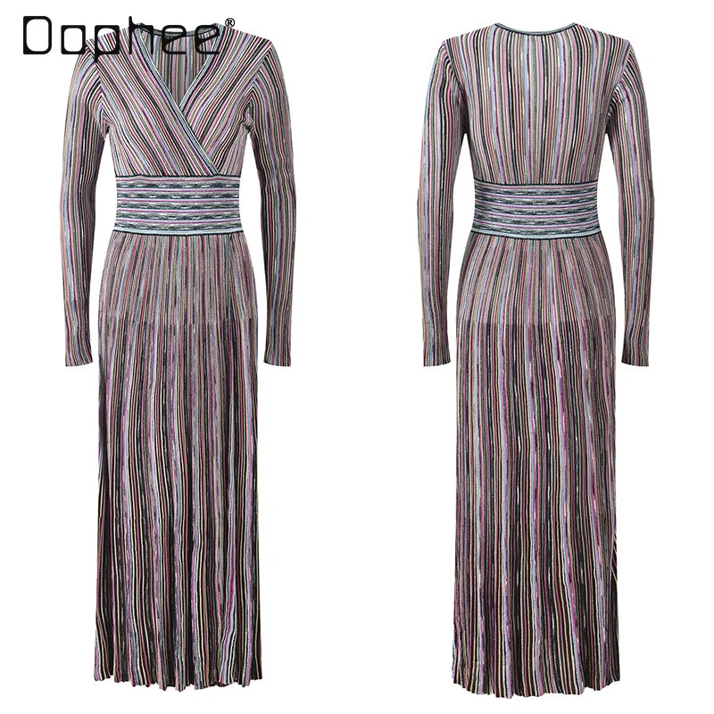 

French Temperament Classic A-line Dress Contrasting Colors Striped Temperament Fashion Elegant Slim V-neck Long Knitted Dresses