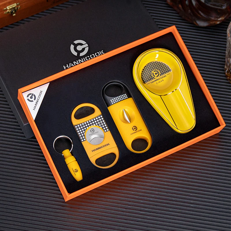 

HANNICOOK Cigar Cutter Cigar Drill V-Shears Ashtray, Flat Shears, Light and Convenient, Portable, Multifunction, Suit Gift Box