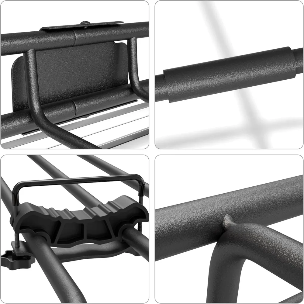 سلة حامل السقف، حامل شحن مثبت على حامل السقف مقاس 64 × 39 بوصة × 4 بوصة مع حقيبة شحن مقاس 21 قدمًا مكعبًا، شبكة شحن 3 × 4 بوصات، قطعتان من السقاطة #2