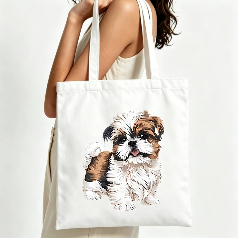 Shih Tzu puppy graphic canvas tote bag, casual style for daily shopping and outings