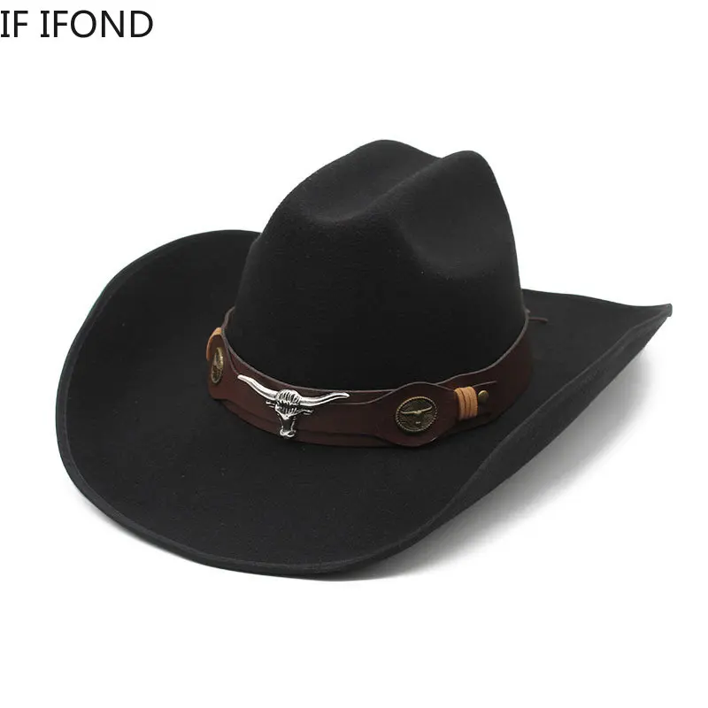 Fashion Bull Head Decoration Western Cowboy Hats New 9.5CM Wide Brim Church Hats Gentleman Lady Jazz Cowgirl Cap