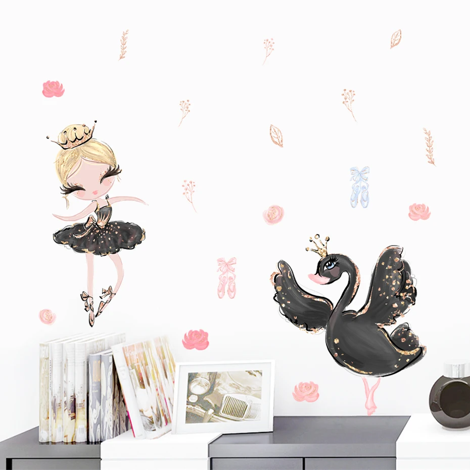 Cartoon White Ballerina Girl Swan Flower Wall Stickers for Kids Room Baby Girls Room Decoration Wall Decals Room Interior