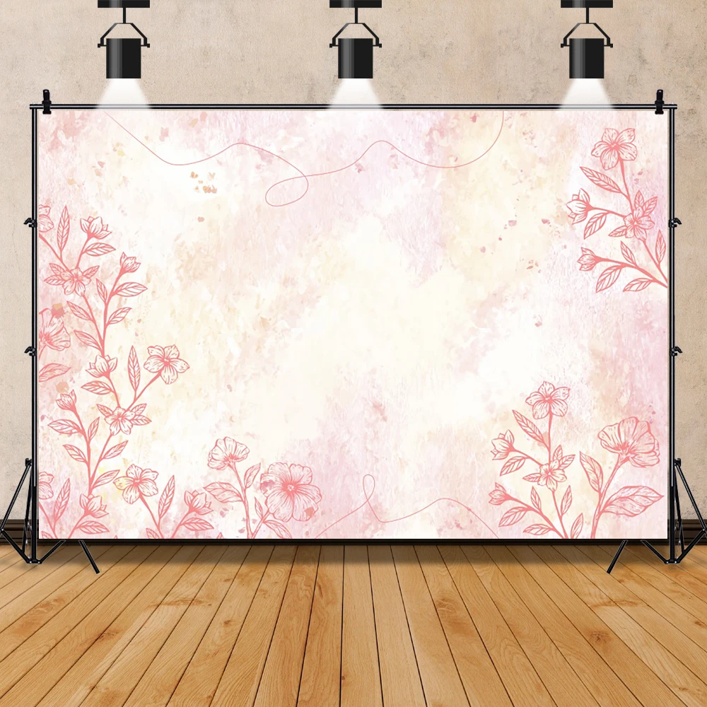 Laeacco Pink Watercolor Flowers Birthday Party Backdrop Happy Birthday Family Shoot Background White Cake Table Decoration