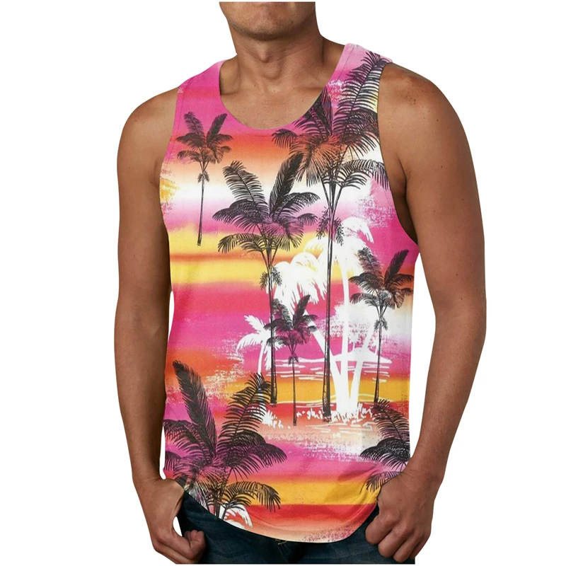 Camisa sem mangas estampada floral havaiana masculina, regata, roupa de fitness, roupa casual, camisa de verão, musculação, colete casual