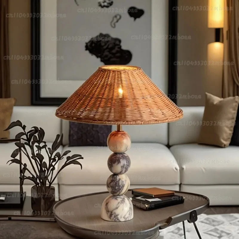 

Atmospheric Table Lamp for Bedroom Bedside Home Decoration Luxury Natural Marble Table Lamp with Rattan Shade Retro
