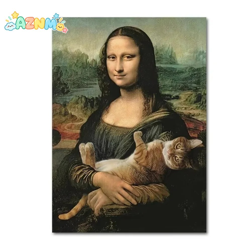 Mona Lisa Funny Wall Art Pictures Canvas Print Posters Famous Portrait Mona Lisa with Cats Canvas Paintings for Home Decor Mu
