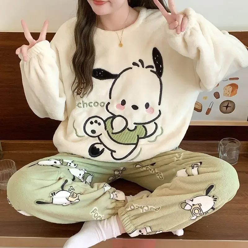 Snoopy pajamas autumn and winter warm flannel pajamas for female students cute cartoon My melody Pochacco thickened home clothes