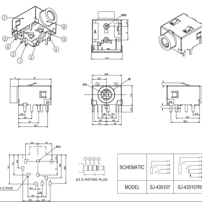 SJ-435107 12V 1A Industrial Audio Jack Copper Alloy Tin/Nickel Plated UL94V-0 for CNC Machines/Factory Automation