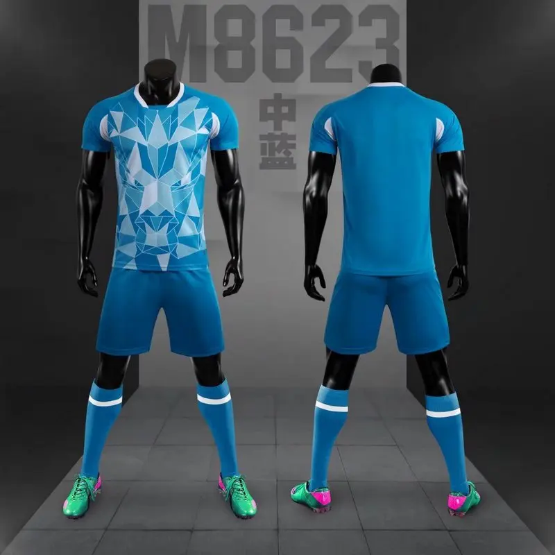 Summer brand football wear blue red white jersey custom short-sleeved T-shirt shorts set 8623