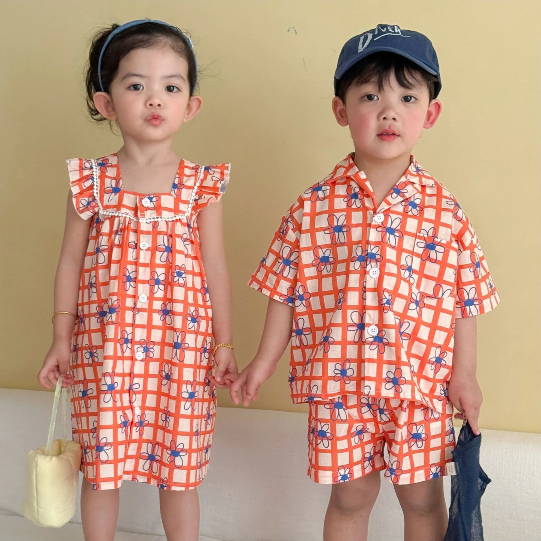 Set 2026 Spring Summer New Children's Clothing Korean Style Boys and Girls Holiday Plaid Shirt Shorts Dress Brother and Sister