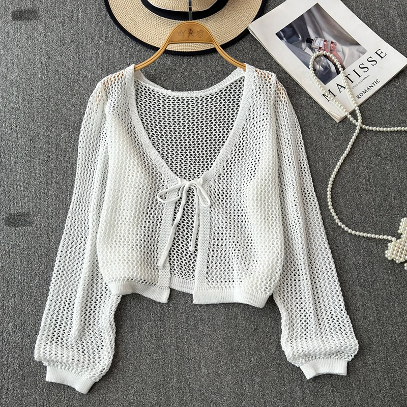 Fashion Hollow-cut Lace-up Cardigan High-quality Summer Thin Top Coat For Women Casual Simple 2024 New V-Neck Sunscreen Shirt