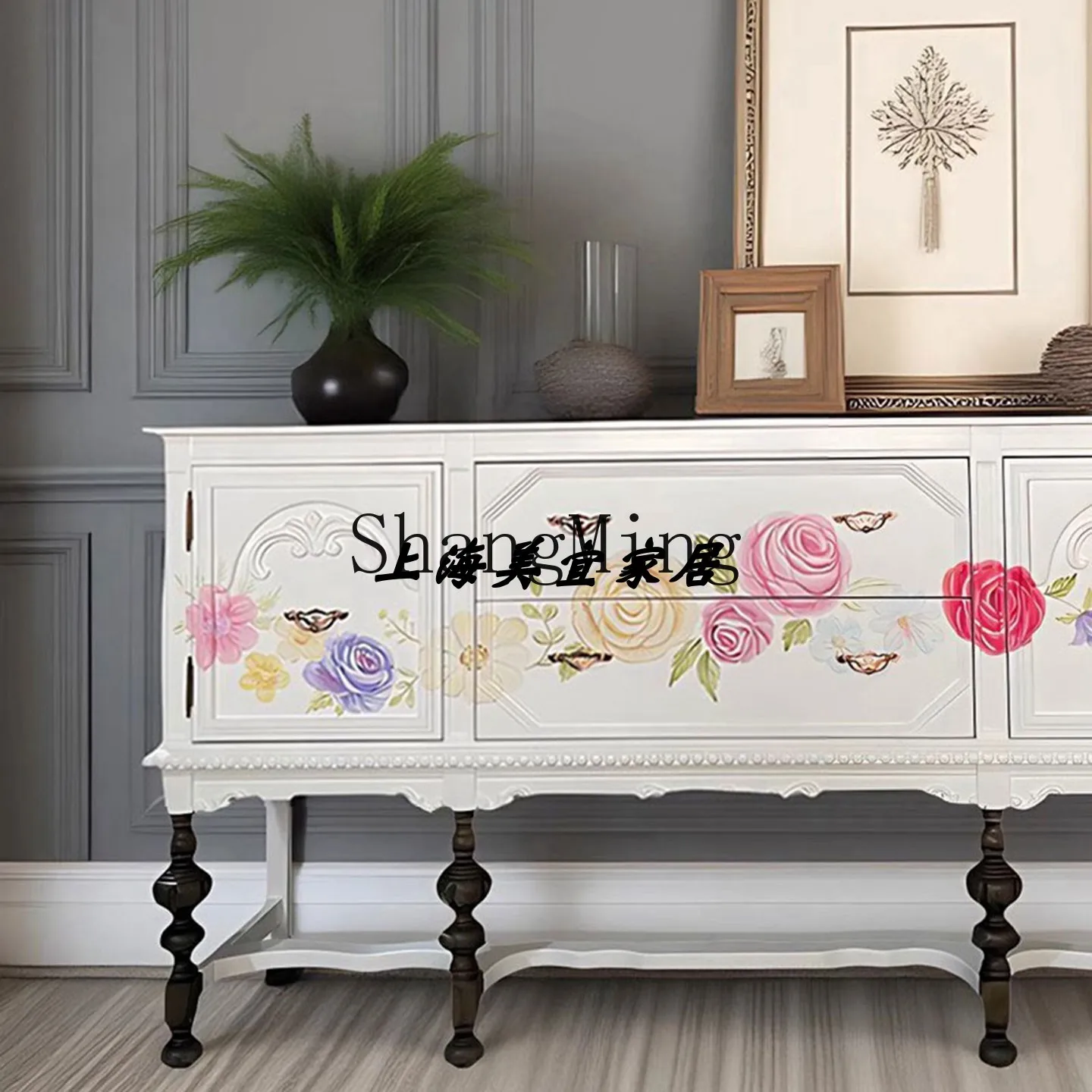 CL light luxury solid wood entrance painted foyer partition storage decoration hand painted side cabinet