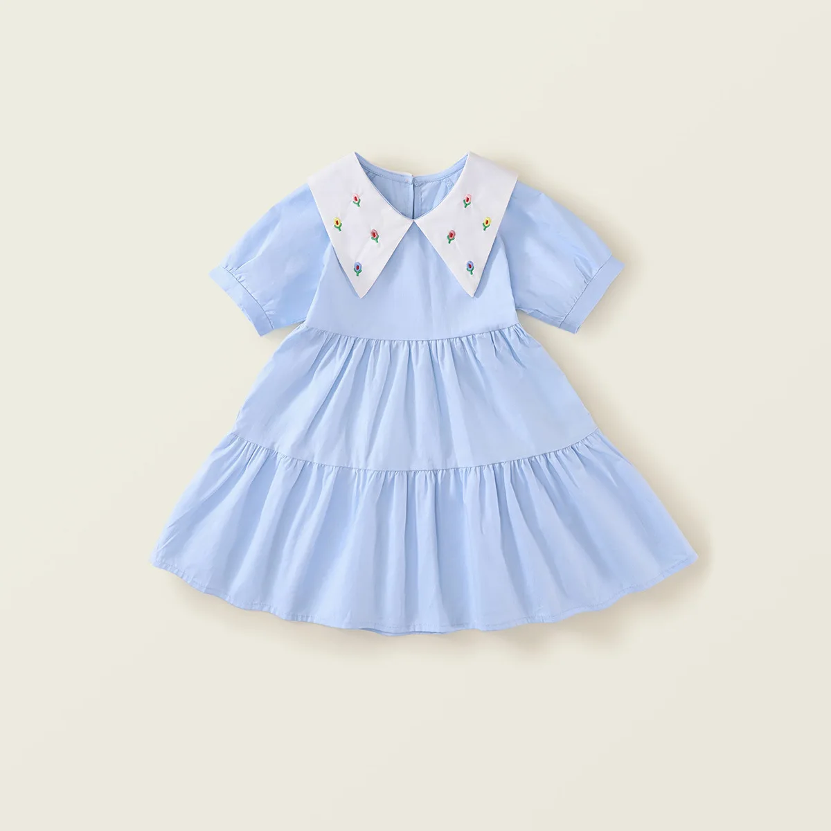 2025 New Arrival Girls Short Sleeve Turn-down Collar Ruffles Blue Cute Holiday Night Party Princess Dress Custume 18M-7T