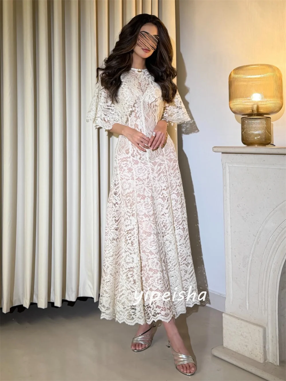 Customized Beige Casual Modest Lace Pleat A-line High Collar  Ankle Length Evening Dresses For Birthday Party Sizes Available