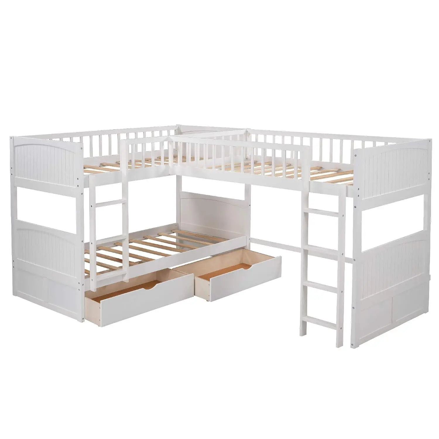 Triple Twin-Over-Twin-Over-Twin L-Shaped Bunk Bed with 2 Drawers & 2 Ladders No Box Spring Needed, Customized image 5