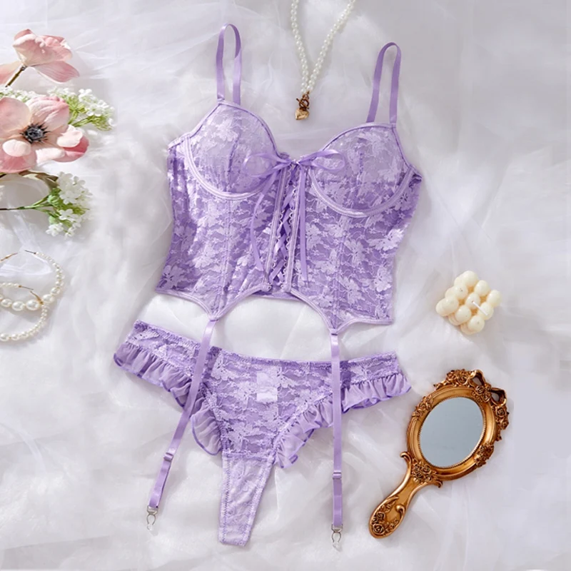 Fairy Sexy Lingerie Floral Lace Transparent Bra Set Purple Romantic Lingerie Garter Ruffles Underwear Beautiful Bandage Lingerie