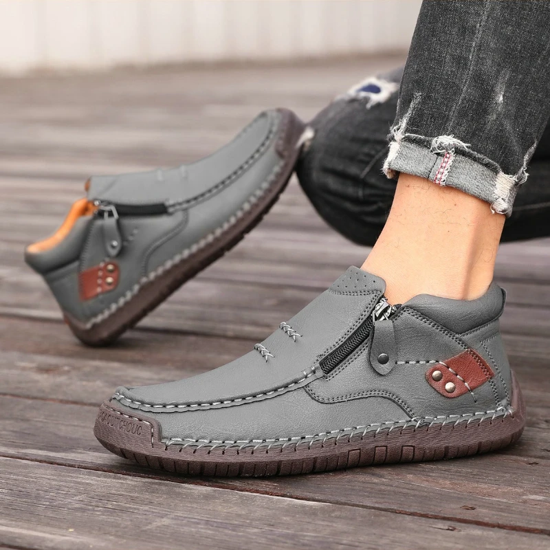 Large Size 38-50 Men's Leather Casual Shoes Hand-stitched High-top Sneakers Outdoor Non-slip Winter Plush Warm Snow Shoes