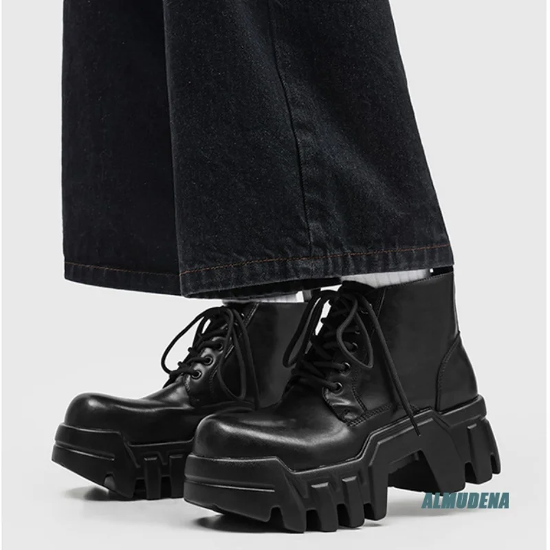 

Round Toe Genuine Leather Men Black Platform Combat Boots Lace-Up Chunky Sole Punk Gothic Urban Daily Outdoor Casual Work Shoes