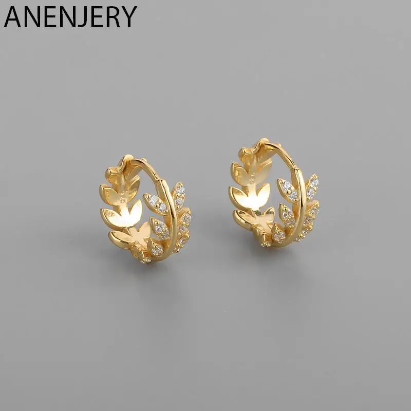 ANENJERY Zircon Leaves Hoop Earrings for Women Exquisite Buckle Earrings Birthday Gift