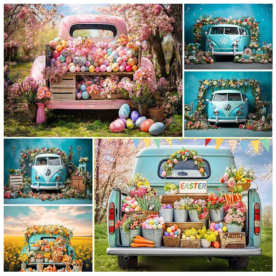 

Spring Easter Photography Backdrop Garden Blue Truck Flowers Floral Bunny Rabbit Colorful Eggs Forest Background Photoshoot