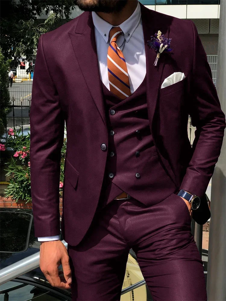 Ternos masculinos slim fit, moda para noivo italiano, smoking de casamento para baile de formatura, 3 peças, roupas masculinas personalizadas (jaqueta + colete + calça)