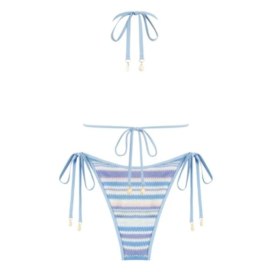 Women's Colorblock Stripes Triangle Halter Tied Cheeky Thong Bikini Set High Cut Two Pcs Bathing Suit