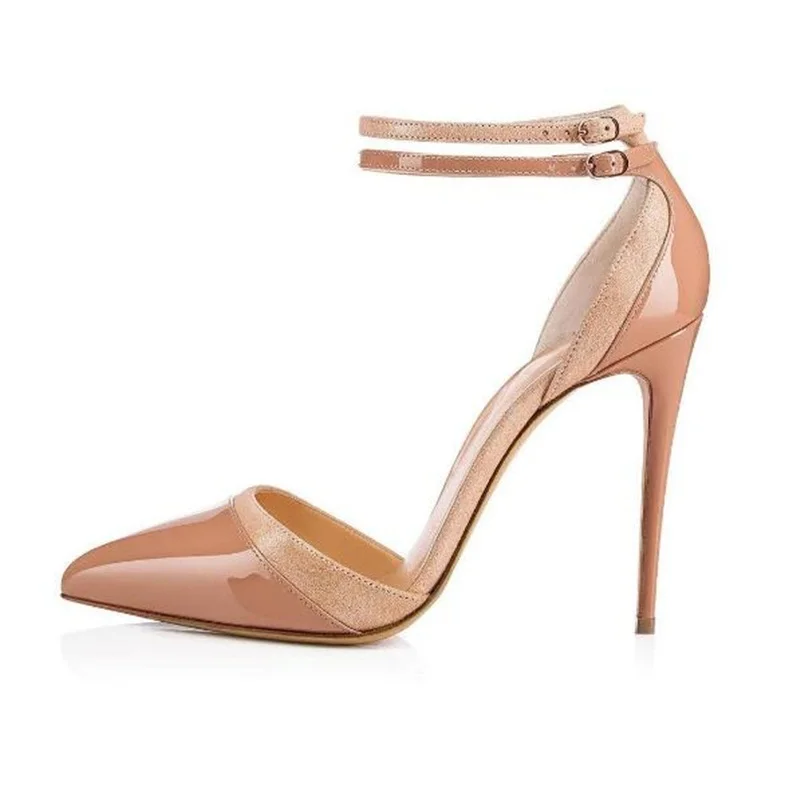 

Double Buckle Strap Pointy Toe Pumps Beige Black Leather Patchwork Stiletto High Heels Ankle Strap Dress Shoes 12cm 10cm 8cm
