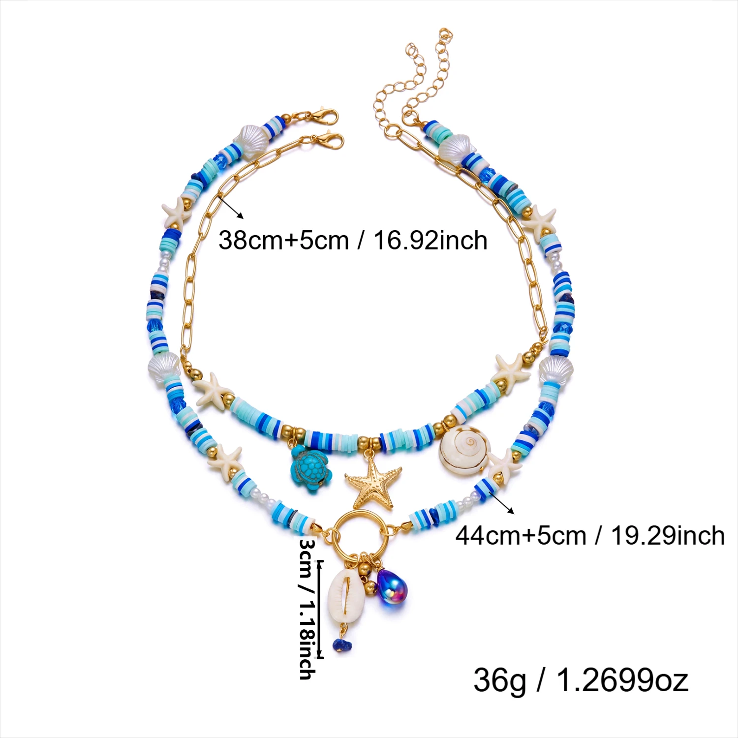 Retro Blaue Polymer Clay Perlen Muschel Seestern Halskette für Frauen Meeres-Elemente Schildkröte Muschel Mehrschichtiger Choker Strand-Schmuck – Detail 5