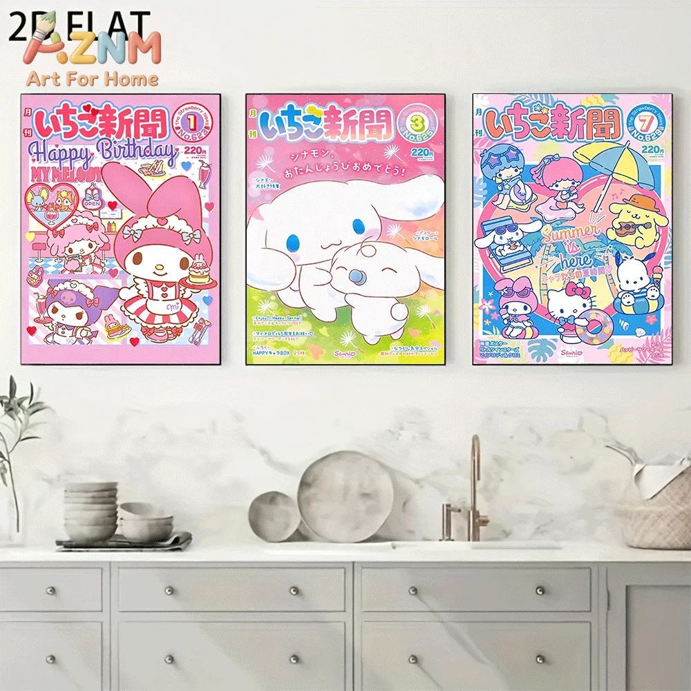 AZNM Sanrio Characters Canvas Wall Art Unframed Cute Cartoon Magazine Cover Birthday Summer Theme Print Painting Bedroom Home De