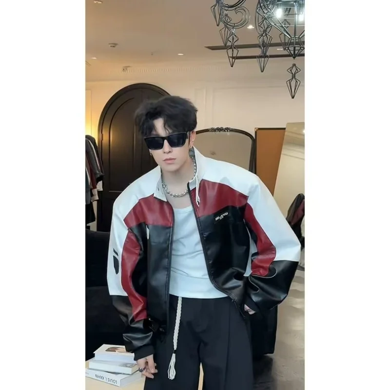 EiAO Jacket Colorblock PU Leather Men Women Stand Collar Biker Coat Waterproof Windproof Oversized Pilot Jacket for Outdoor 2025