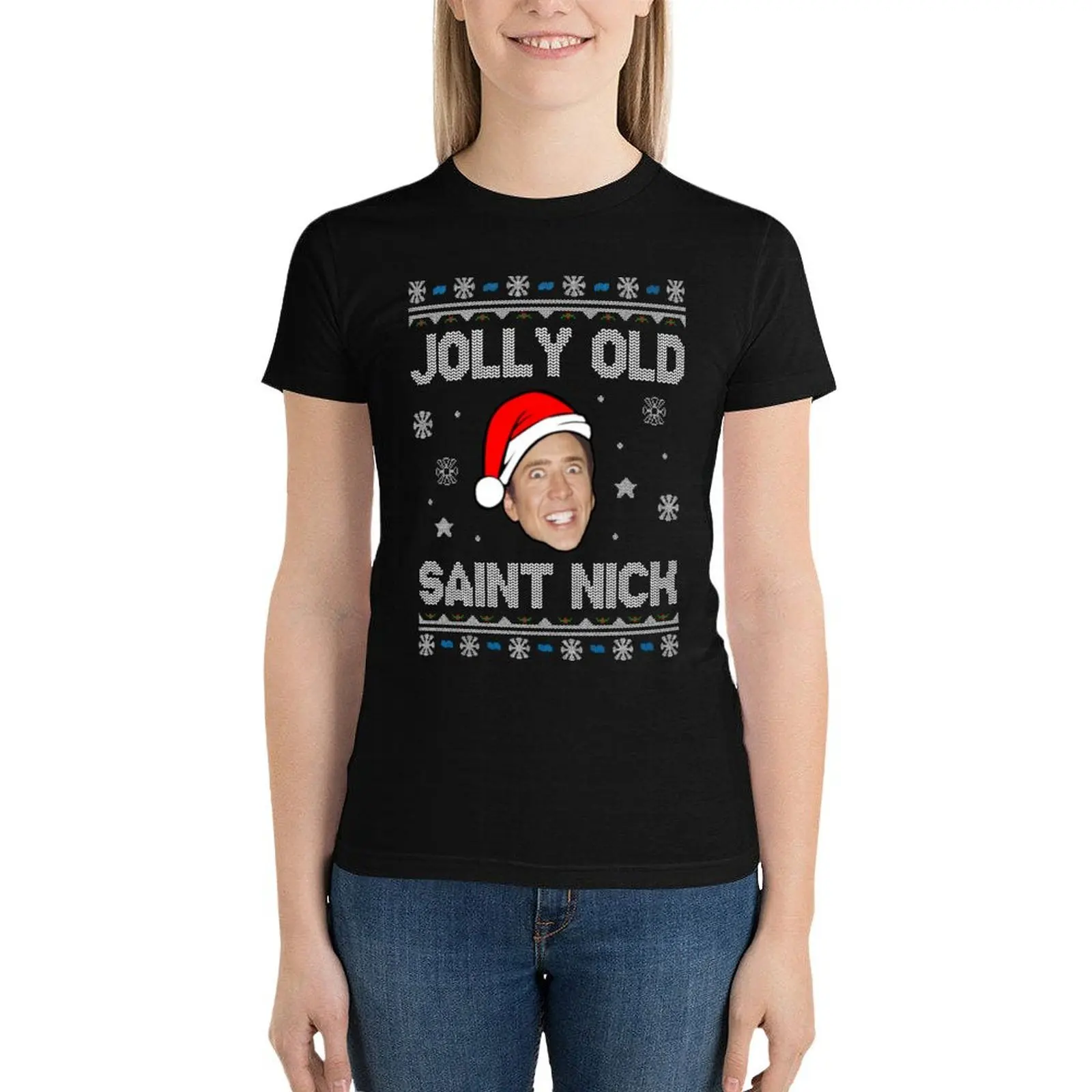 

Jolly Old Saint Nick Nicolas Cage Christmas T-Shirt shirts graphic tees vintage clothes lady clothes cotton t shirts Women