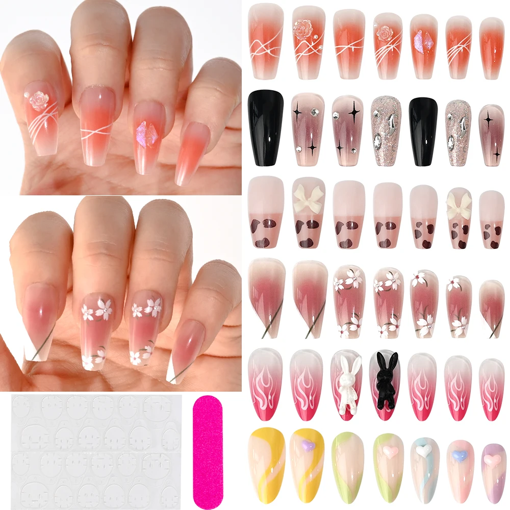 6 Boxes Almond/Coffin Shaped Press On Nails Set Mixed Color System Medium Length Fake Nails Removable & Reusable False Nails Kit