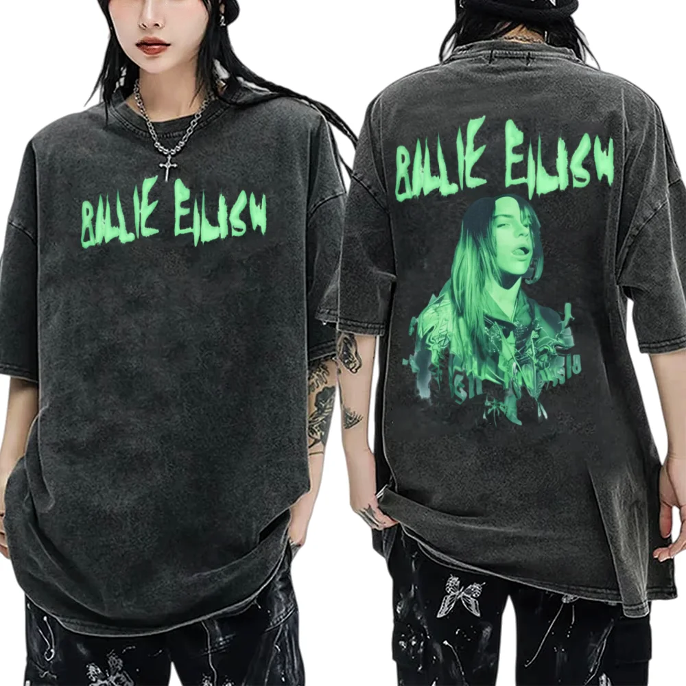 

Винтажные потертые футболки с принтом Billie Eilish, мужские и женские свободные повседневные модные футболки большого размера 100 _ хлопковая уличная одежда унисекс
