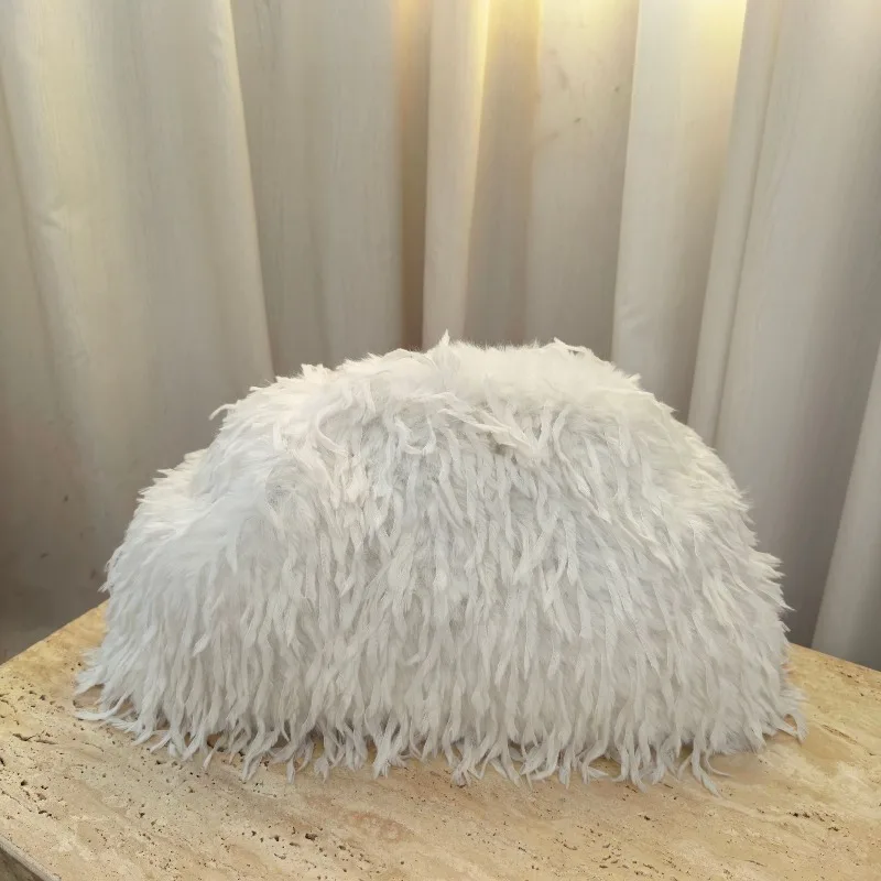 Women Fluffy Furry Clutch Bag Y2K Large Capacity Faux Feather Look Clip Handbag Solid Color Evening Party Wedding Prom Purse