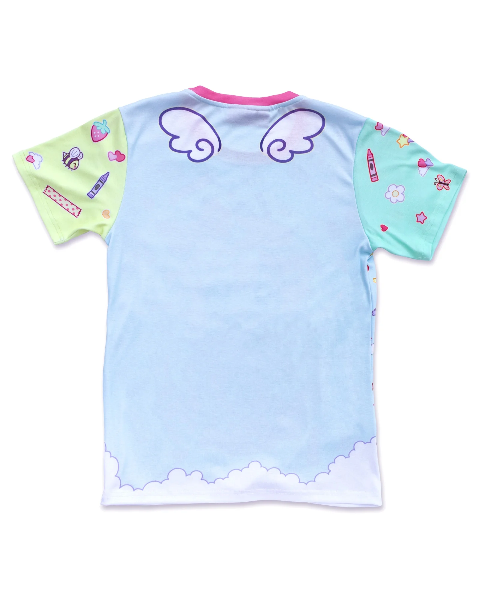 Harajuku Y2K Rosa Schleife Anime-Mädchen T-Shirt mit Vollflächendruck, Waschband, Schere, Stift, Puppe, Asymmetrischer Kontrast-Ärmel für Erwachsene und Kinder – Detail 8