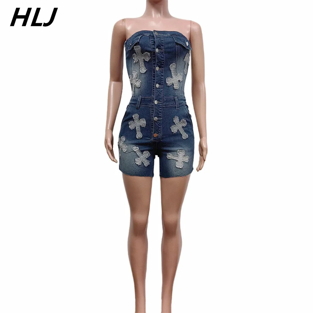 HLJ-Barboteuse une pièce brodée en denim pour femme, dos nu, batterie, combinaison, cowboy sexy, combishort slim, 2024