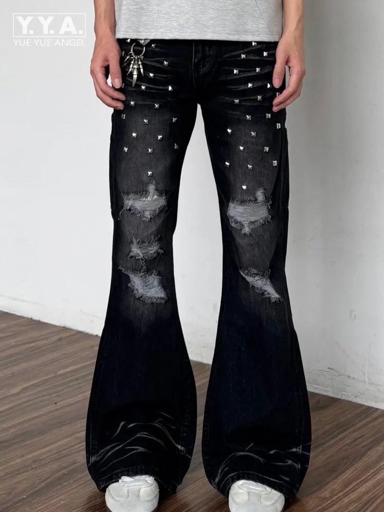 

American Style Male Rivet Flared Denim Pants Solid Color Pockets High Street Distressed Trousers Fashion Button Mens Jeans