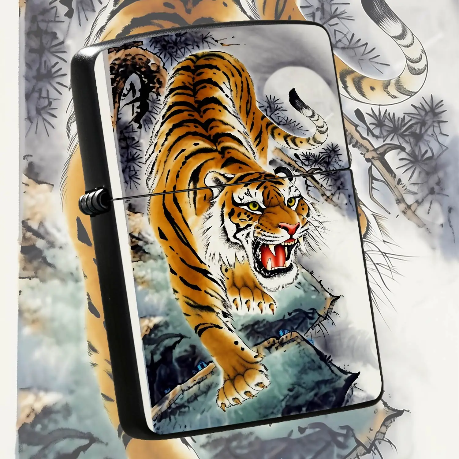 Style Ink Painting Fierce Downhill Tiger Portable Igniter, Exquisite Traditional Craftsmanship, Vivid Roaring Tiger Under Full Moon Pattern, Suitable For Daily Carrying, Dating, Outdoor Camping, Home Use And Gifting Scen A Humorou And Inter
