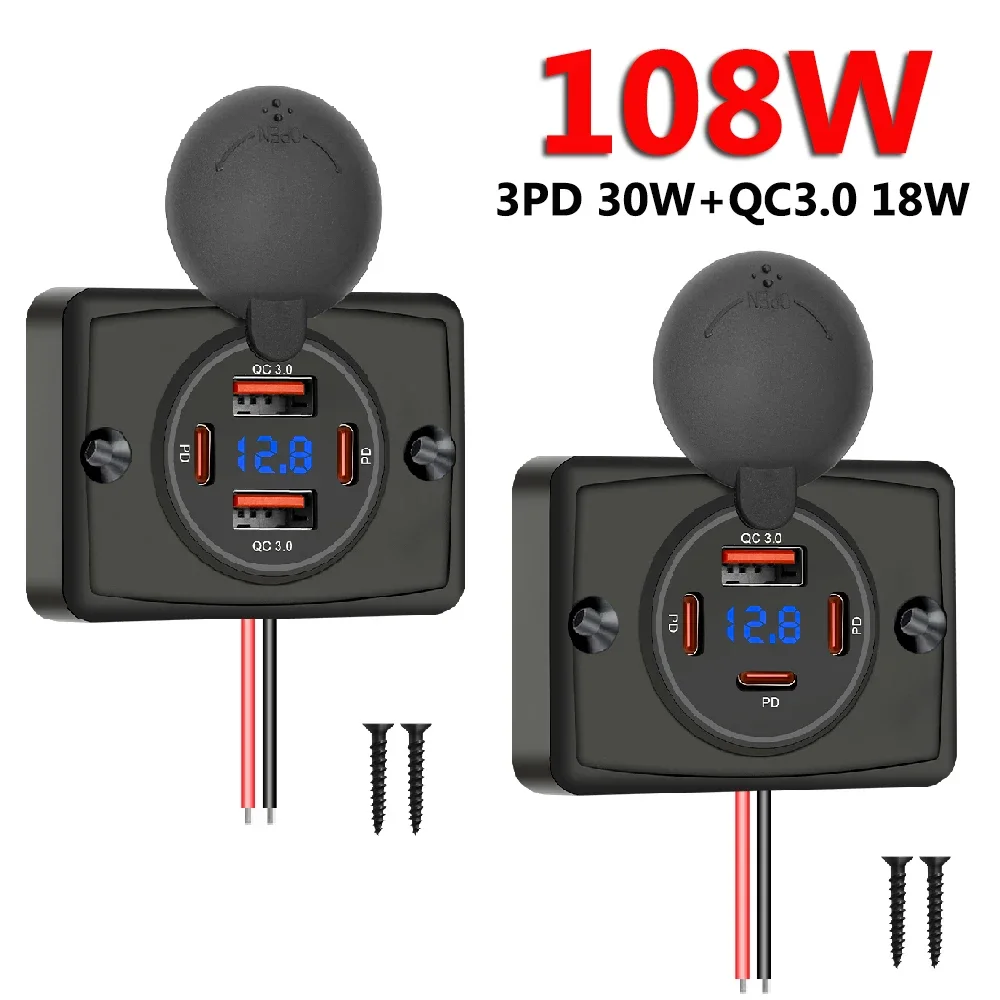 108W Car Charger Socket 12V/24V Waterproof Dual PD Dual QC3.0 Type-C Quick Charge With Voltmeter for Cars Boats Buses RVS